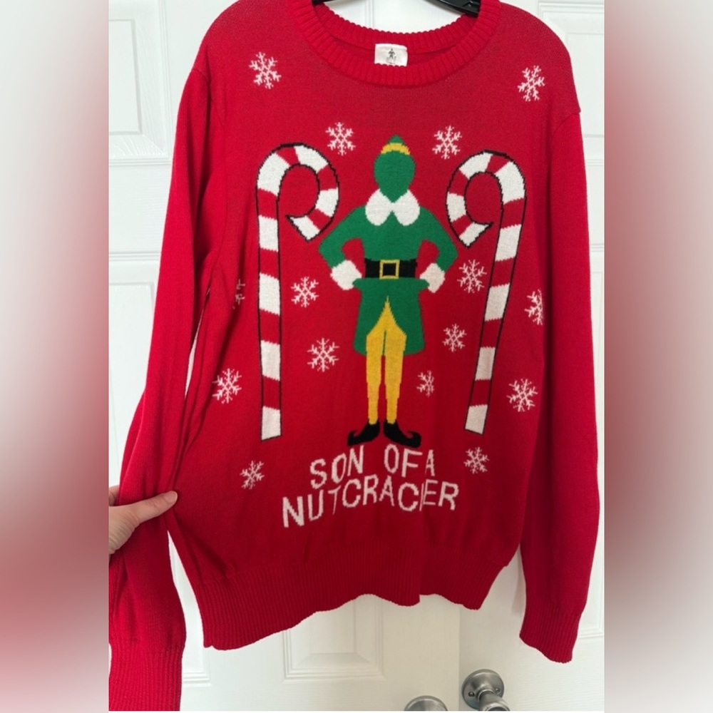 Elf Son of Nutcracker Ugly Christmas Sweater Candy Cane Red Holiday Party Size L
